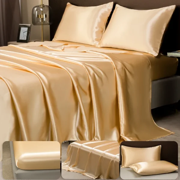 Opulent Solid Color Satin Bedding Set,Includes Flat Sheet, Fitted Sheet, Pillowcases,Luxury Linens for a Royal Sleep Experience