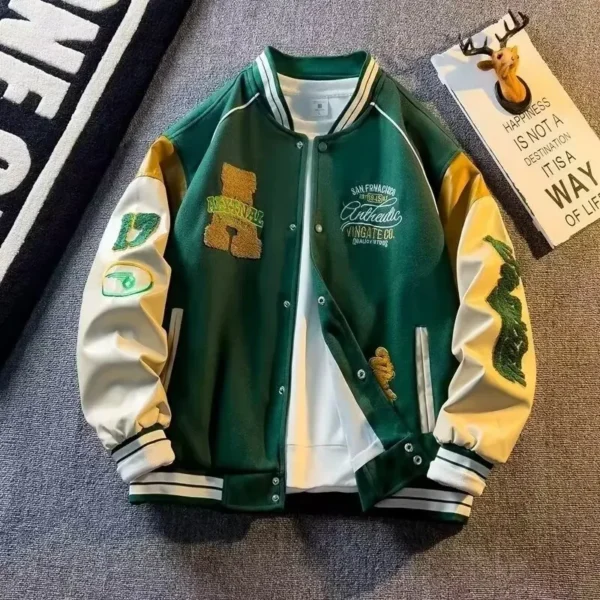 2024 New Spring Men's Woolen Jacket Embroidered Vintage Style Korean Trendy Baseball Uniform Patchwork Leather Coat