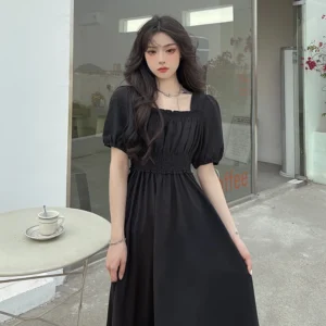 Women Black Folds Elegant Long Dress Retro Loose Sweet Square Collar Female Dress Spring Autumn All Match Casual Ladies Vestidos