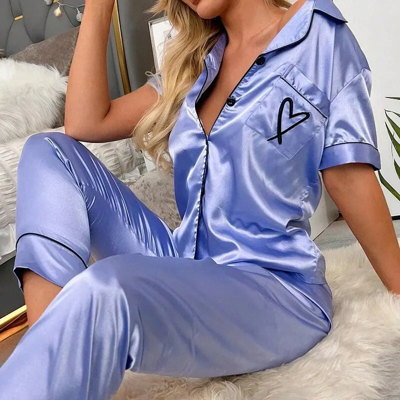 Women's Pajama Pocket Heart Embroidered Pajama Set Satin Comfortable Short Sleeve Button Pajama Lounge Pant For Women Sleepwear - Image 3