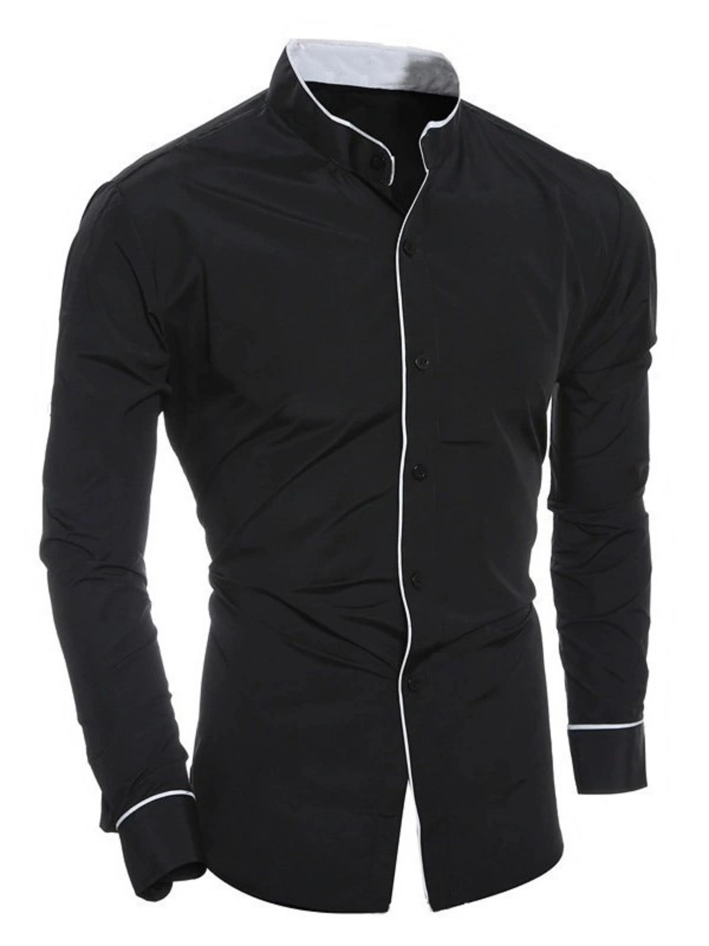 Spring and autumn men's long-sleeved solid color shirt, stand-up collar comfortable button-down fashionable slim shirt - Image 2