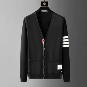 High end brand knitted cardigan men's spring and autumn new classic stripe trend Korean casual side slit V-neck sweater coat