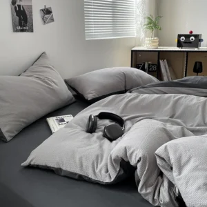 Solid Dual-Tone Ultra-Soft Bubble Cotton Bedding Set - 3-Piece With Duvet & Pillowcases, Simple Style, Washable, Non-Fading
