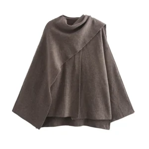 TRAF Women's Fashion Fall Winter Chic Scarf Jacket Long Sleeve Knitted Asymmetric Jacket Sexy Split Hem Loose Short Jacket