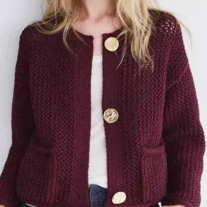 TRAFZA 2024 Female Casual Cardigan Sweater Coat 2 Pockets Wine Red Solid Metal Button Knitted Sweater Woman Autumn Trends Street
