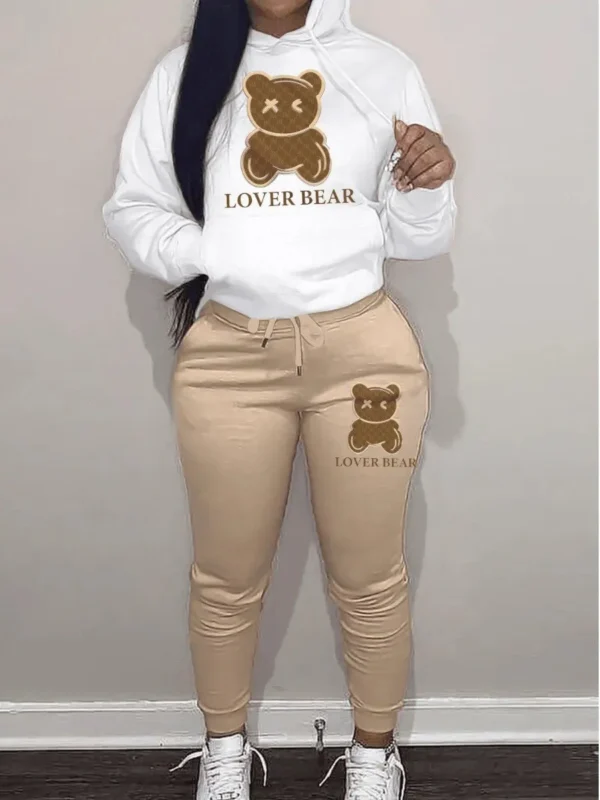 Cartoon Bear Print Two-Piece Set Drawstring Long Sleeve Hoodies & Work Out Jogger Pants Outfits Women Top Suits Clothes - Image 5