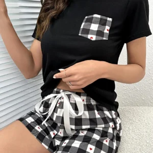 Summer Women's Pajamas Set Screw Neck Tee & Shorts Sleepwear 2 Pieces Heart Print Nightwear Elastic Drawstring Homewear Cloth
