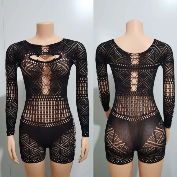 Women's Sexy Sheer Mesh Hollow Out Night Club Short Jumpsuit Rompers Long Sleeve Skinny Shorts Bodysuit One Piece Romper - Image 6