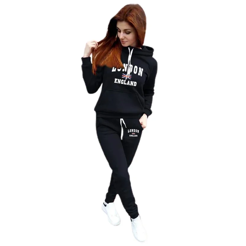 Casual Womens Tracksuit Print Hooded Sweatshirts+Trousers Set Casual Jogging Outfits Autumn Winter European Street Warm Clothing - Image 2