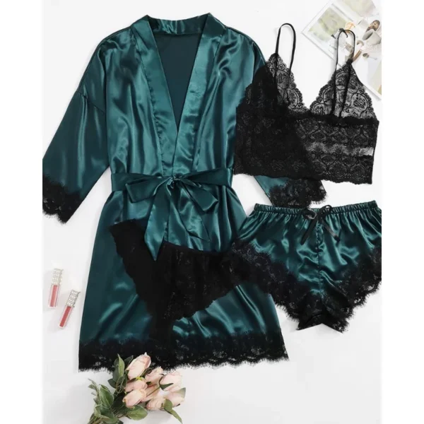 Black Sexy Women's Pajamas Satin 4-piece Lace Silk Suspender Tops Shorts Robe Pajamas Set Nightgown Underwear Nightdress Suit - Image 5