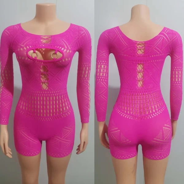 Women's Sexy Sheer Mesh Hollow Out Night Club Short Jumpsuit Rompers Long Sleeve Skinny Shorts Bodysuit One Piece Romper - Image 3
