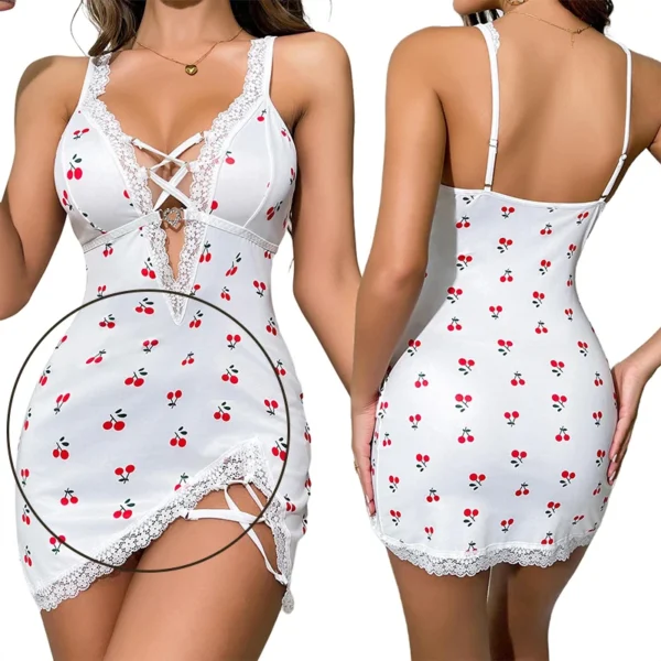 Women V-Neck Sexy Lace Trimmed Nightgown Sleeveless Suspender Slim Fit Backless Printed Cherry Milk Silk Nightgown - Image 4