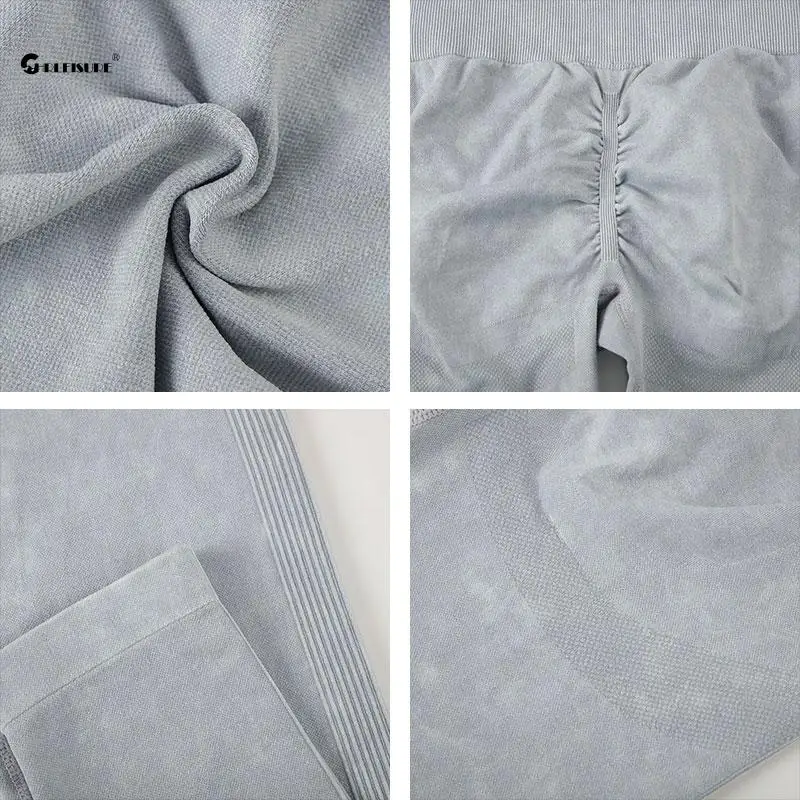 CHRLEISURE Wash Sports Set for Women Seamless Yoga Suit Long Sleeve Fitness Top with Butt Lift Scrunch Workout Leggings Gym Wear - Image 6