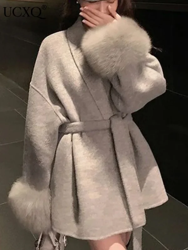UCXQ Elegant OL Office Lady Overcoats Fur Patchwork Long Sleeve Woolen Coat Beautiful Women's Clothing Jacket Autumn 2024 Spring - Image 2