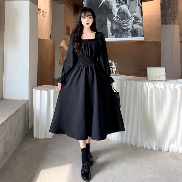Women Black Folds Elegant Long Dress Retro Loose Sweet Square Collar Female Dress Spring Autumn All Match Casual Ladies Vestidos - Image 2