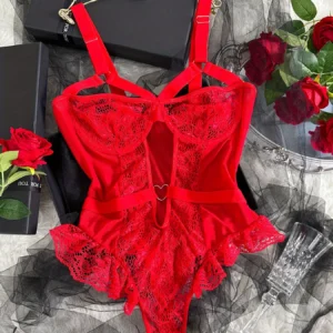 Hot Solid Contrast Lace Semi Sheer Criss Cross Ruffle Trim Hollow Out Backless Garter Belt Thong Bodysuit Women's Sexy Lingerie