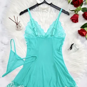 Elegant Semi Sheer V Neck Lace Slip Dress With Thong Women's Casual Sleepwear Plus Size Women's Underwire Sexy Lingerie Dress