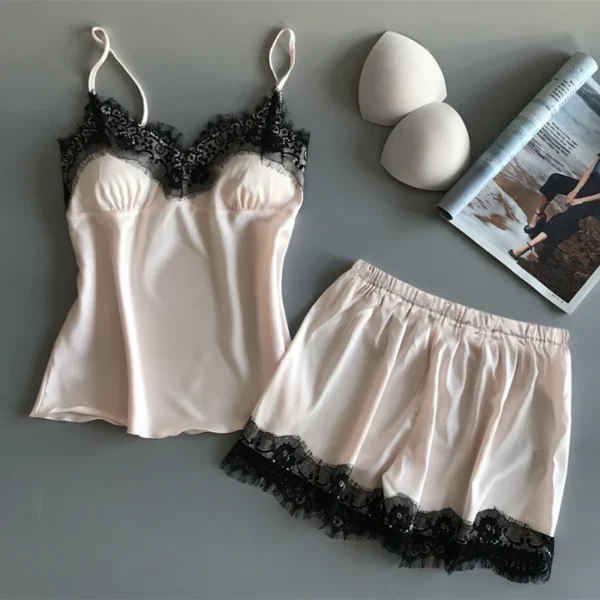 2Pcs Women's New Pajama Set Cute Fashion V-Neck Lace Sexy Lingerie Comfortable Home Light Luxury Sling Pajama Shorts Set - Image 3