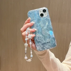 Cute Ocean Shell Pattern Aurora Phone Case For iPhone 16 15 14 13 12 Pro Max 15Pro Cute Bracelet Chain Cover Shockproof Cases