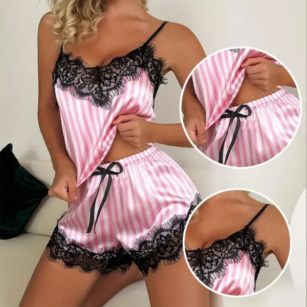 Two Piece Women's V-Neck Sexy Lace Suspender Pajama Shorts Set Casual Women's Sleeveless Sexy Pajama Set - Image 5