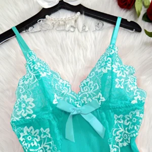 Elegant Semi Sheer V Neck Lace Slip Dress With Thong Women's Casual Sleepwear Plus Size Women's Underwire Sexy Lingerie Dress