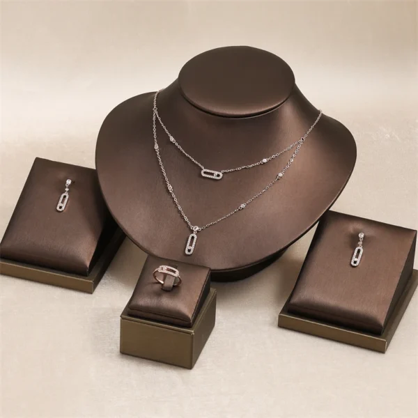 RAKOL Double Layer Geometric Paper Clip Pendant Necklace Earrings For Women Fashion Zircon Ring Bracelet Party Jewelry Set Gifts - Image 2