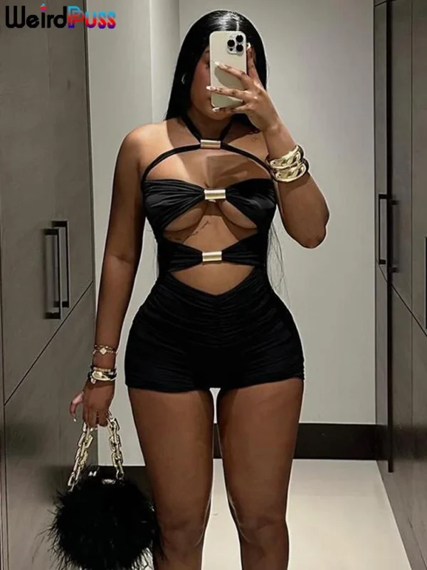 Weird Puss Ruched Romper Women Chic Metal Buckle Hollow Backless Halter Sleeveless Hipster Stretch Luxury Slim Playsuit Clubwear
