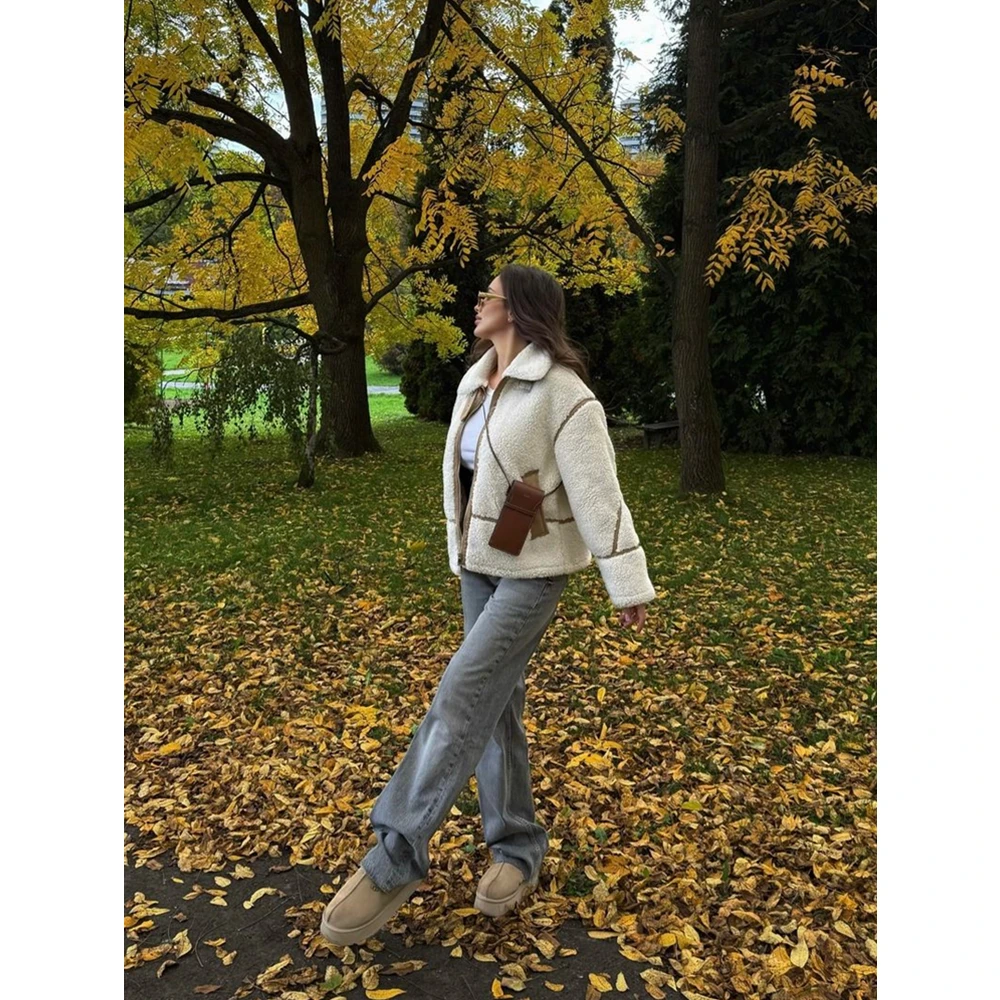 RZRA2024 new winter women's clothing contrast color stripe fleece double-sided lapel jacket fashionable warm versatile - Image 5