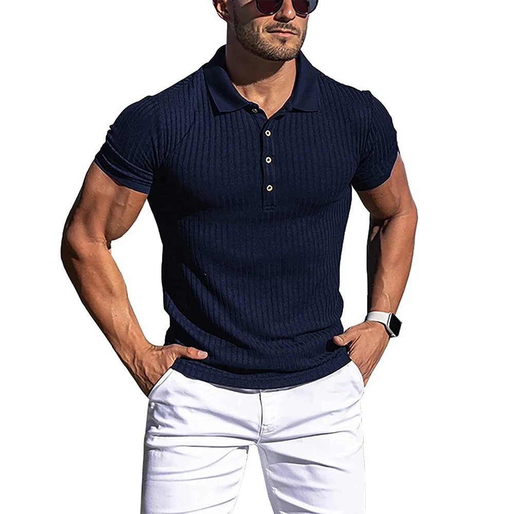 New Summer Polo Men Solid Stripe Fitness Elasticity Short Sleeve Polo Shirts for Men Fashion Stand Collar Mens Shirts - Image 5