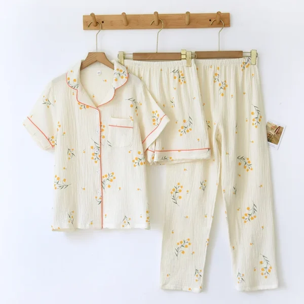 New summer women's cotton crepe three-piece short sleeve + shorts + trousers large size simple flower pajamas home service suit - Image 4