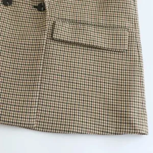TRAF Women Fashion Double Breasted Plaid Blazer Coat Vintage Long Sleeve Flap Pockets Female Outerwear Chic Vestes Femme