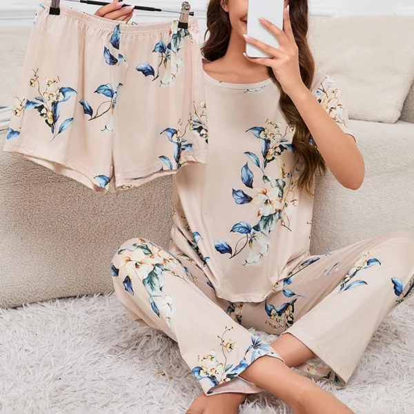 Women's 3 Piece Short Sleeve Crew Neck Top With Shorts And Pants Loungewear Sleepwear Lounge Sets Nighty Print Casual Pajama Set - Image 3