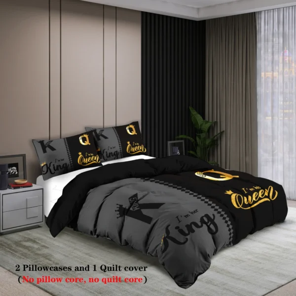 3pcs fashionable black gray K and Q design printed bedding set, soft, comfortable and breathable duvet cover, bedroom, hotel