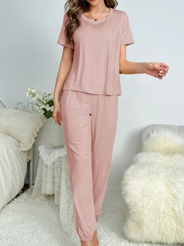 Women's new style pajamas short sleeve trousers elegant casual two-piece solid color home wear - Image 5