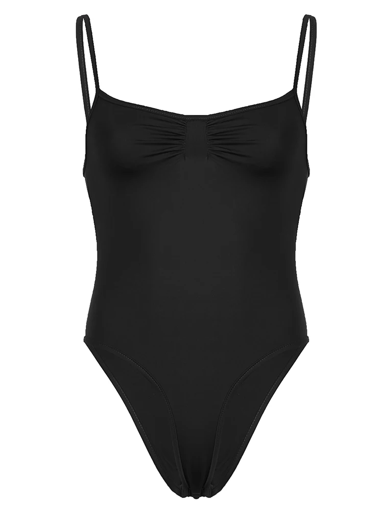 Sweetown Sleeveless Skinny Shirring Skinny Sexy Spaghetti Strap Bodysuit For Women Black Solid Simple Basic Vacation Camisole - Image 5