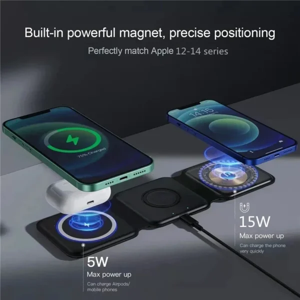 3 In 1 Magnetic Wireless Charger Pad Stand Foldable for iPhone 15 14 13 12 11 Apple Watch AirPods 15W Fast Charging Dock Station - Image 4