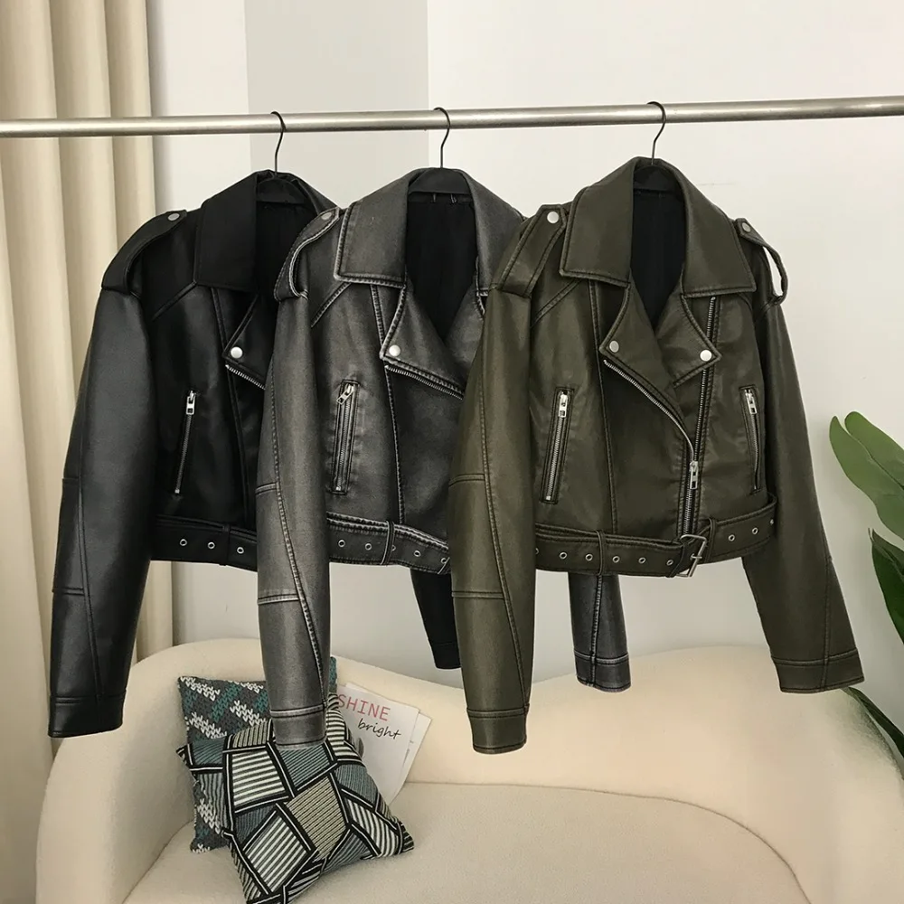New Spring Woman Faux Leather Jacket Chic Vintage American street wear Short Lapel Zipper Belt Biker Coats Fashion Streetwear - Image 5