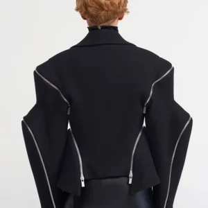 TWOTWINSTYLE Temperament Patchwork Zipper Casual Jackets For Women V Neck Long Sleeve Spliced ButtonSolid Coat Female Fashion