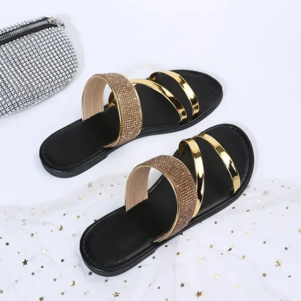 2024 Summer New Women's Fashion Gold Silver Patent Leather Flat Heel Sandals Bling Rhinestone Narrow Band Beach Casual Slippers - Image 4