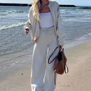TRAFZA Women's 2-piece Retro Solid Color Zipper Bomber Jacket Sweatshirt + High-waisted Lace-up Women's Loose Velvet Pants Suit