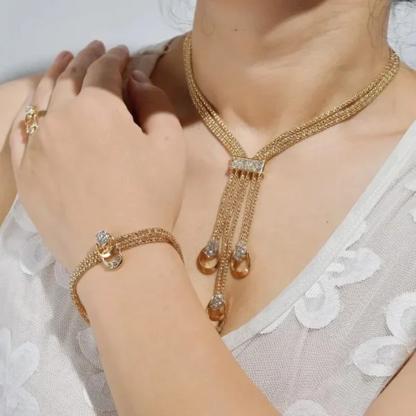 4Pcs Jewelry Set Rings Necklace Earrings Bracelet High Performance Golden Jewelry For Women - Image 2