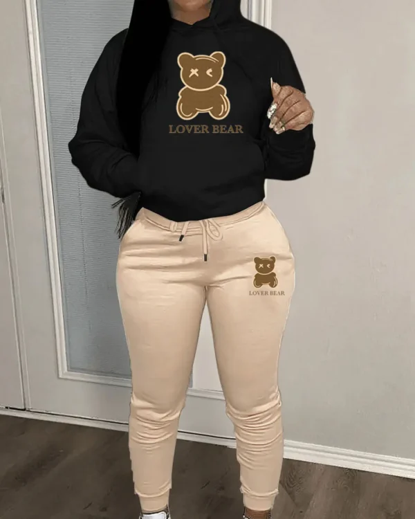 Cartoon Bear Print Two-Piece Set Drawstring Long Sleeve Hoodies & Work Out Jogger Pants Outfits Women Top Suits Clothes - Image 3