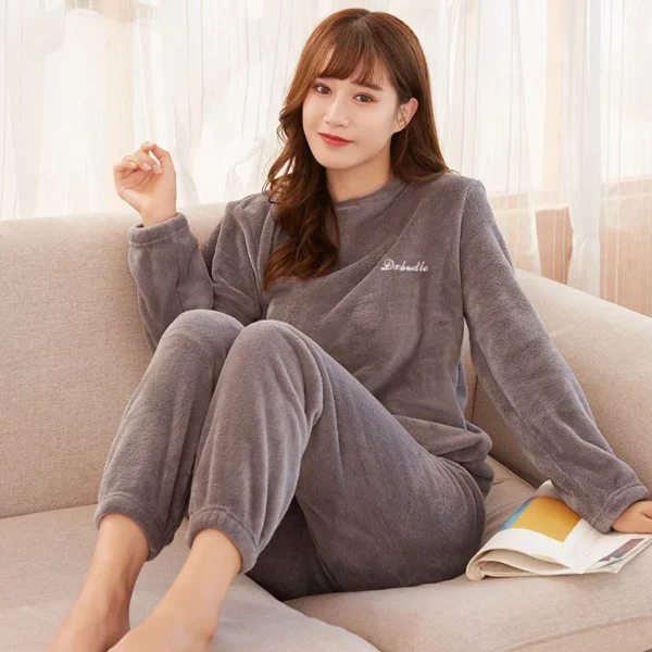 New Autumn Winter Pajamas Warm Coral Fleece Women Cozy Loose Set Top Homewear Long-sleeved lax 2 Piece Solid color Warm Pyjamas - Image 5