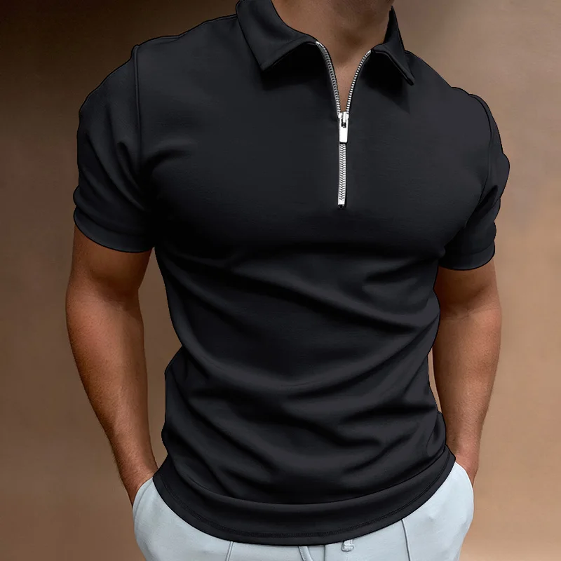 Summer Men's Solid Color Polo Shirt Short Sleeve Turn-Down Collar Zipper Tshirts &for Men Casual Streetwear New Male Tops - Image 4