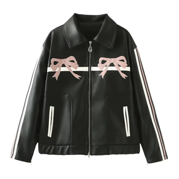 New women's sweet cool bow retro black leather jacket to show off your sexy figure