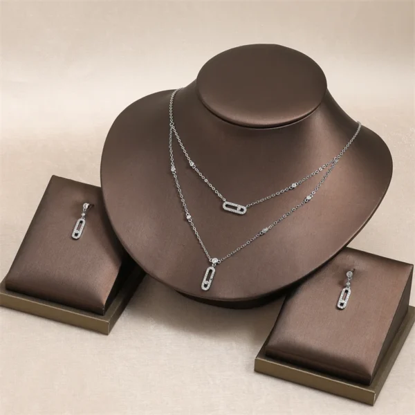 RAKOL Double Layer Geometric Paper Clip Pendant Necklace Earrings For Women Fashion Zircon Ring Bracelet Party Jewelry Set Gifts - Image 3