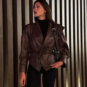 2024 New Vintage Lapel Lace-up Leather Jackets Women Chic Solid Long Sleeves Pockets Short Coats Autumn Lady Fashion Streetwear