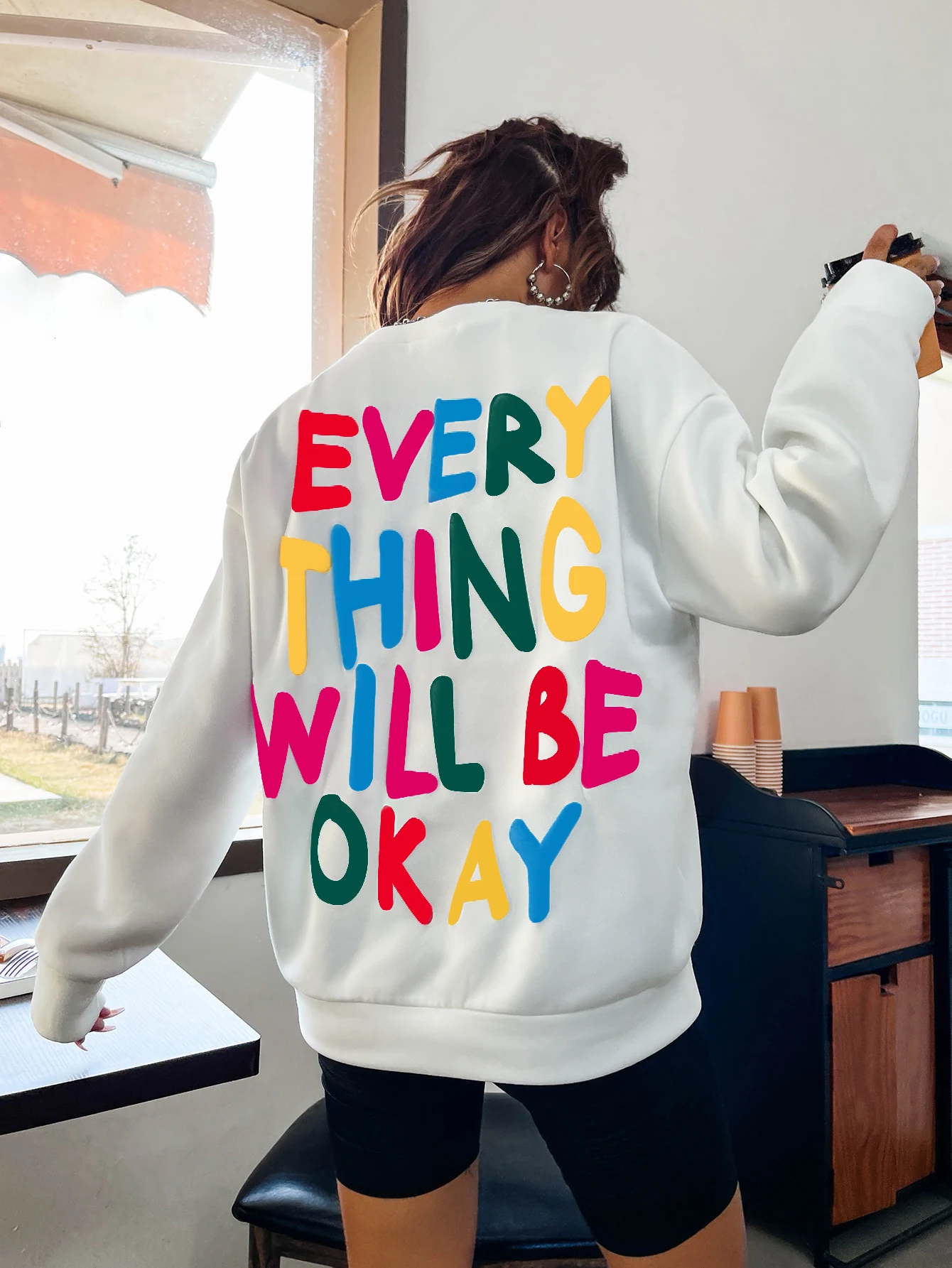 Fashion Womans Sweatshirt Everything Will Be Okay Letter Printed Pullover Loose Warm Crewneck Hoodies Casual Female Clothing - Image 6