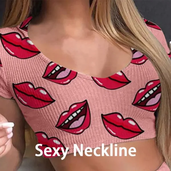 Summer Short Sexy Casual Lips Print Female Sleepwear Suit Pajamas 2pcs Top+Pants Skinng Women Homewear Underwear - Image 5