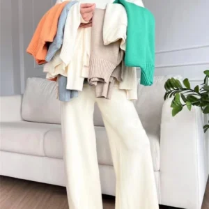 Autumn Winter 2 Pieces Women Sets Knitted Tracksuit Turtleneck Sweater and Straight Jogging Pants Suits
